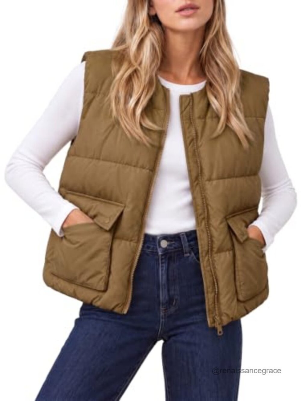 Womens Cropped Puffer Vest Zip Up Sleeveless Outerwear Pockets